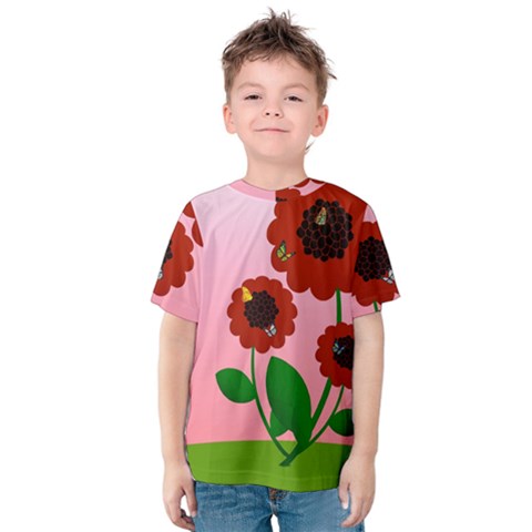 Flowers Butterflies Red Flowers Kids  Cotton T-shirt by Sarkoni