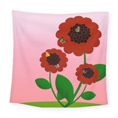 Flowers Butterflies Red Flowers Square Tapestry (large)