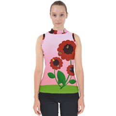 Flowers Butterflies Red Flowers Mock Neck Shell Top