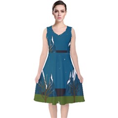 Vector Graphic Mountains Snow Wolf V-Neck Midi Sleeveless Dress 