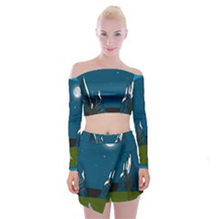 Vector Graphic Mountains Snow Wolf Off Shoulder Top with Mini Skirt Set