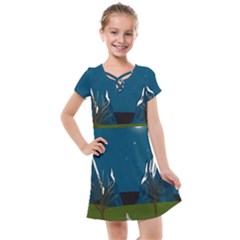 Vector Graphic Mountains Snow Wolf Kids  Cross Web Dress