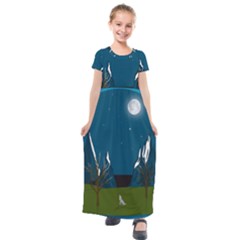 Vector Graphic Mountains Snow Wolf Kids  Short Sleeve Maxi Dress