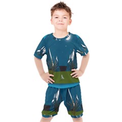 Vector Graphic Mountains Snow Wolf Kids  T-Shirt and Shorts Set