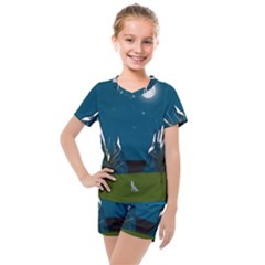 Vector Graphic Mountains Snow Wolf Kids  Mesh T-Shirt and Shorts Set