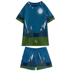 Vector Graphic Mountains Snow Wolf Kids  Swim T-Shirt and Shorts Set