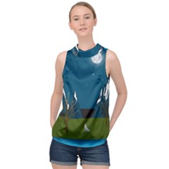 Vector Graphic Mountains Snow Wolf High Neck Satin Top