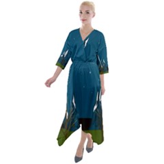 Vector Graphic Mountains Snow Wolf Quarter Sleeve Wrap Front Maxi Dress