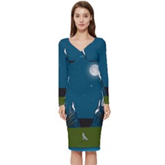 Vector Graphic Mountains Snow Wolf Long Sleeve V-Neck Bodycon Dress 