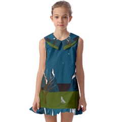 Vector Graphic Mountains Snow Wolf Kids  Pilgrim Collar Ruffle Hem Dress