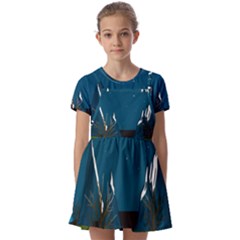 Vector Graphic Mountains Snow Wolf Kids  Short Sleeve Pinafore Style Dress