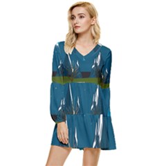 Vector Graphic Mountains Snow Wolf Tiered Long Sleeve Mini Dress