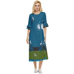 Vector Graphic Mountains Snow Wolf Double Cuff Midi Dress