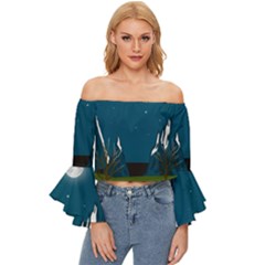 Vector Graphic Mountains Snow Wolf Off Shoulder Flutter Bell Sleeve Top