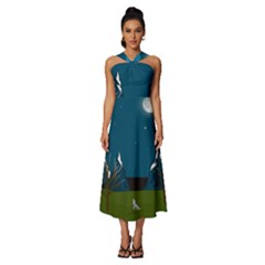 Vector Graphic Mountains Snow Wolf Sleeveless Cross Front Cocktail Midi Chiffon Dress