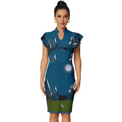 Vector Graphic Mountains Snow Wolf Vintage Frill Sleeve V-Neck Bodycon Dress