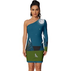 Vector Graphic Mountains Snow Wolf Long Sleeve One Shoulder Mini Dress