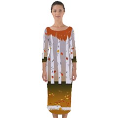 Birch Trees Fall Autumn Leaves Quarter Sleeve Midi Bodycon Dress by Sarkoni