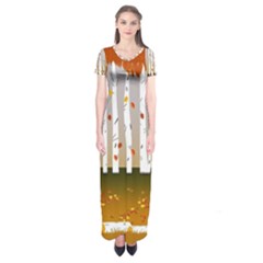 Birch Trees Fall Autumn Leaves Short Sleeve Maxi Dress by Sarkoni