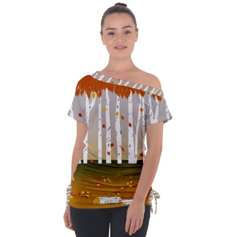 Birch Trees Fall Autumn Leaves Off Shoulder Tie-up T-shirt by Sarkoni