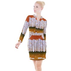 Birch Trees Fall Autumn Leaves Button Long Sleeve Dress by Sarkoni