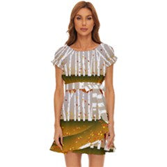 Birch Trees Fall Autumn Leaves Puff Sleeve Frill Dress by Sarkoni