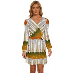 Birch Trees Fall Autumn Leaves Long Sleeve Waist Tie Ruffle Velvet Dress by Sarkoni