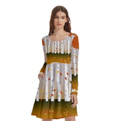 Birch Trees Fall Autumn Leaves Long Sleeve Knee Length Skater Dress With Pockets