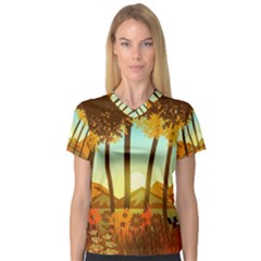 Mountains Fall Flowers V-neck Sport Mesh T-shirt