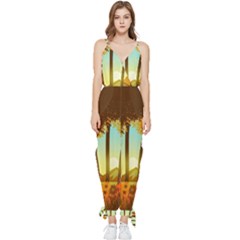 Mountains Fall Flowers Sleeveless Tie Ankle Chiffon Jumpsuit