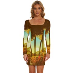 Mountains Fall Flowers Long Sleeve Square Neck Bodycon Velvet Dress by Sarkoni