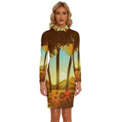 Mountains Fall Flowers Long Sleeve Shirt Collar Bodycon Dress by Sarkoni