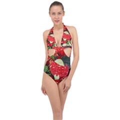 Poinsettia Christmas Star Plant Halter Front Plunge Swimsuit