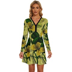 Flower Blossom Long Sleeve Deep V Mini Dress 