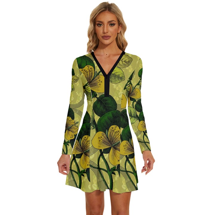 Flower Blossom Long Sleeve Deep V Mini Dress 