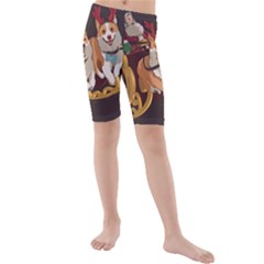 Christmas Santa Claus Dog Sled Kids  Mid Length Swim Shorts