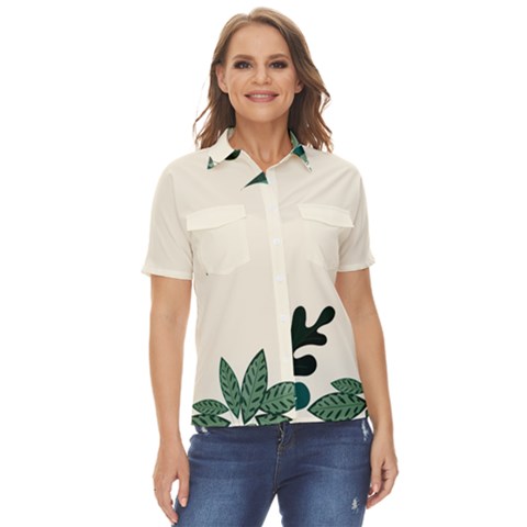 Leaves Plants Foliage Border Women s Short Sleeve Double Pocket Shirt by Sarkoni