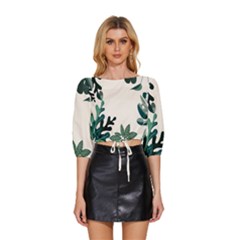 Leaves Plants Foliage Border Mid Sleeve Drawstring Hem Top by Sarkoni