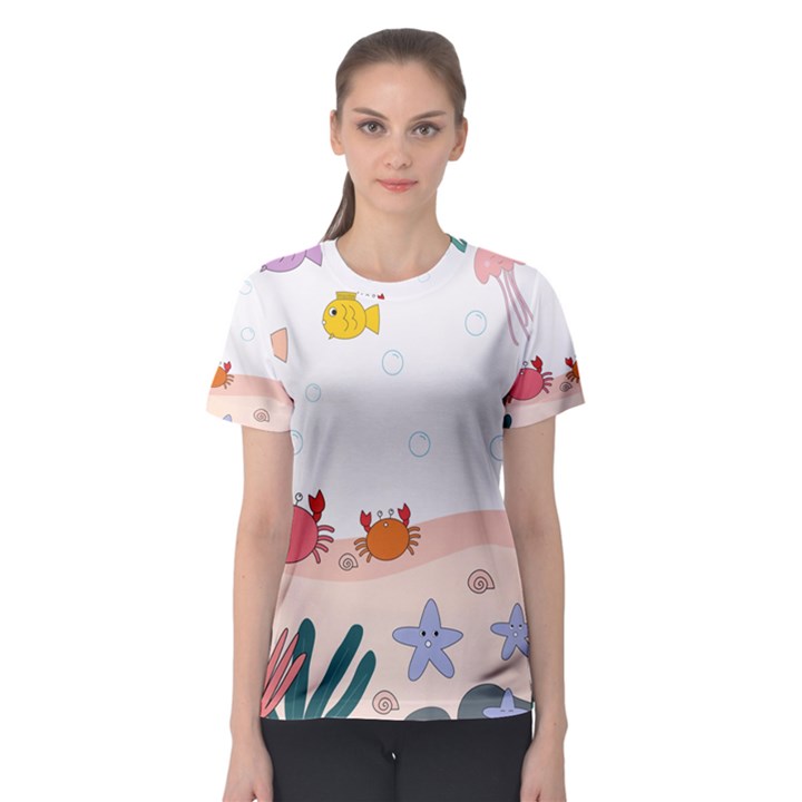 Cartoon Marine Life Marine Drawing Women s Sport Mesh T-Shirt