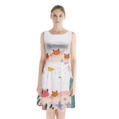 Cartoon Marine Life Marine Drawing Sleeveless Waist Tie Chiffon Dress by Sarkoni