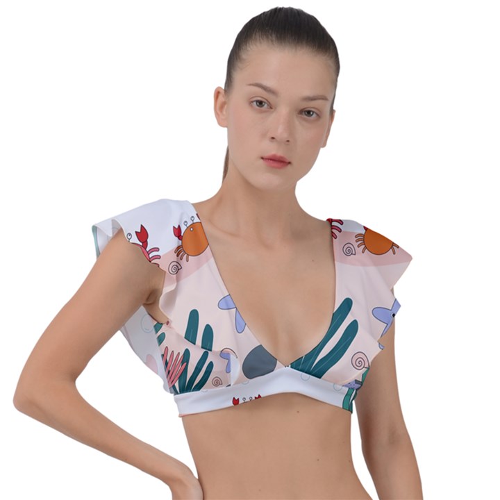 Cartoon Marine Life Marine Drawing Plunge Frill Sleeve Bikini Top