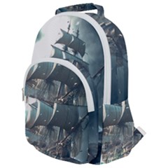 Pirate Ship Boat Sea Ocean Storm Rounded Multi Pocket Backpack