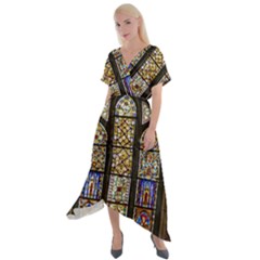 Stained Glass Window Old Antique Cross Front Sharkbite Hem Maxi Dress by Sarkoni