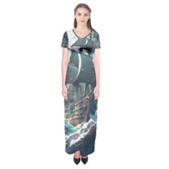 Pirate Ship Boat Sea Ocean Storm Short Sleeve Maxi Dress