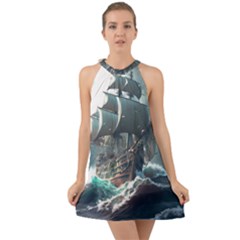 Pirate Ship Boat Sea Ocean Storm Halter Tie Back Chiffon Dress