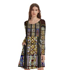 Stained Glass Window Old Antique Long Sleeve Knee Length Skater Dress With Pockets