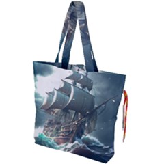 Pirate Ship Boat Sea Ocean Storm Drawstring Tote Bag by Sarkoni