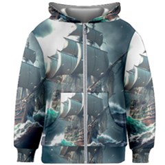 Pirate Ship Boat Sea Ocean Storm Kids  Zipper Hoodie Without Drawstring by Sarkoni