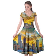 Boston Skyline Cityscape River Cap Sleeve Wrap Front Dress