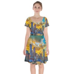 Boston Skyline Cityscape River Short Sleeve Bardot Dress by Sarkoni